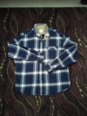 Men's Plaid Navy and White Button-Down Shirt - Casual Long Sleeve